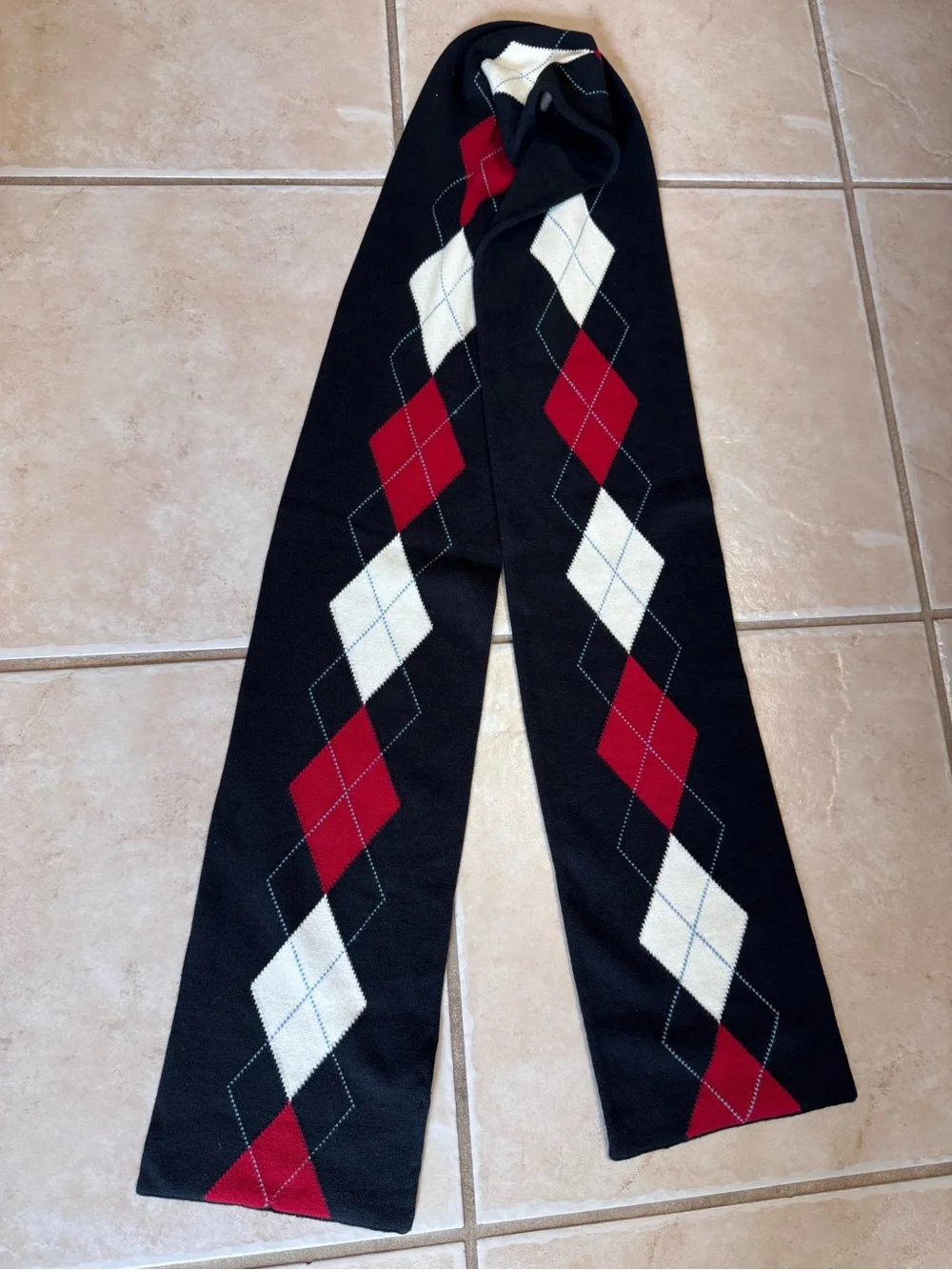 Talbots Black Argyle Knit Scarf with Red and White Diamonds